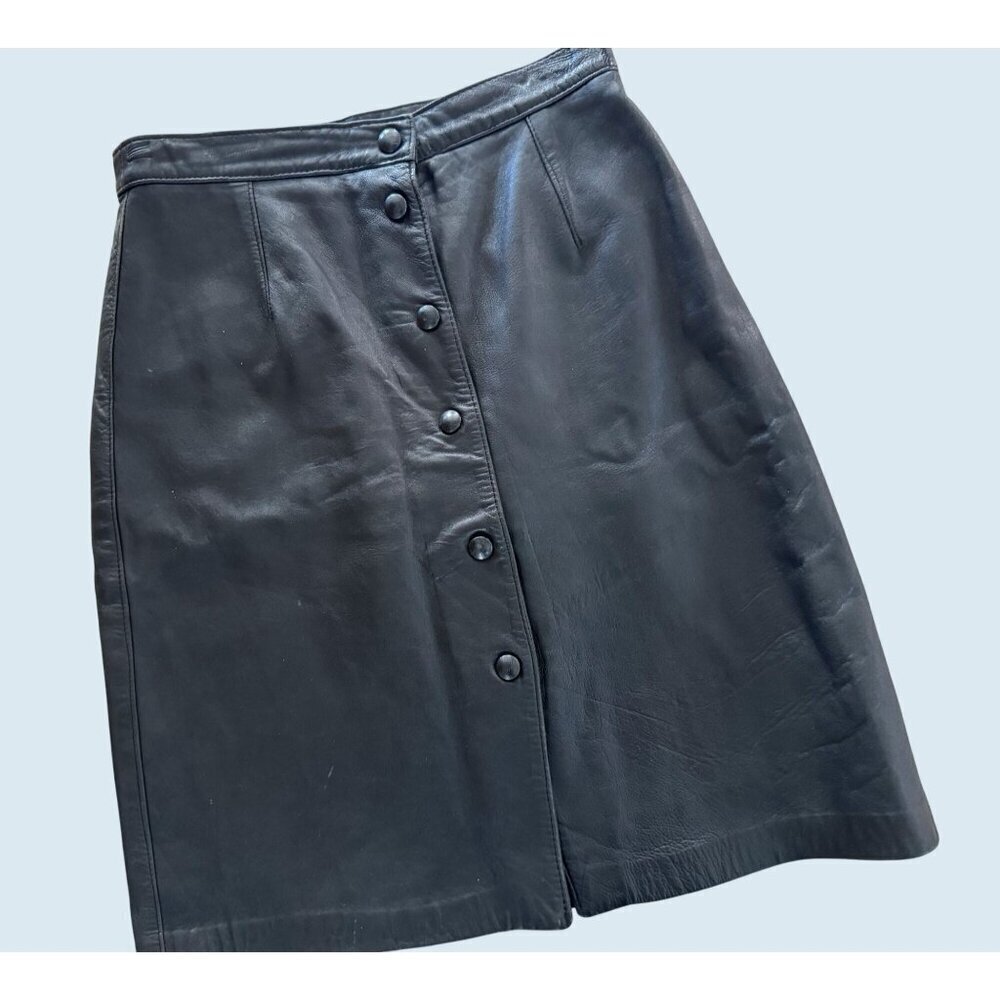 Vintage Black Leather Snap Button Front Skirt 90s / 00s Size XS